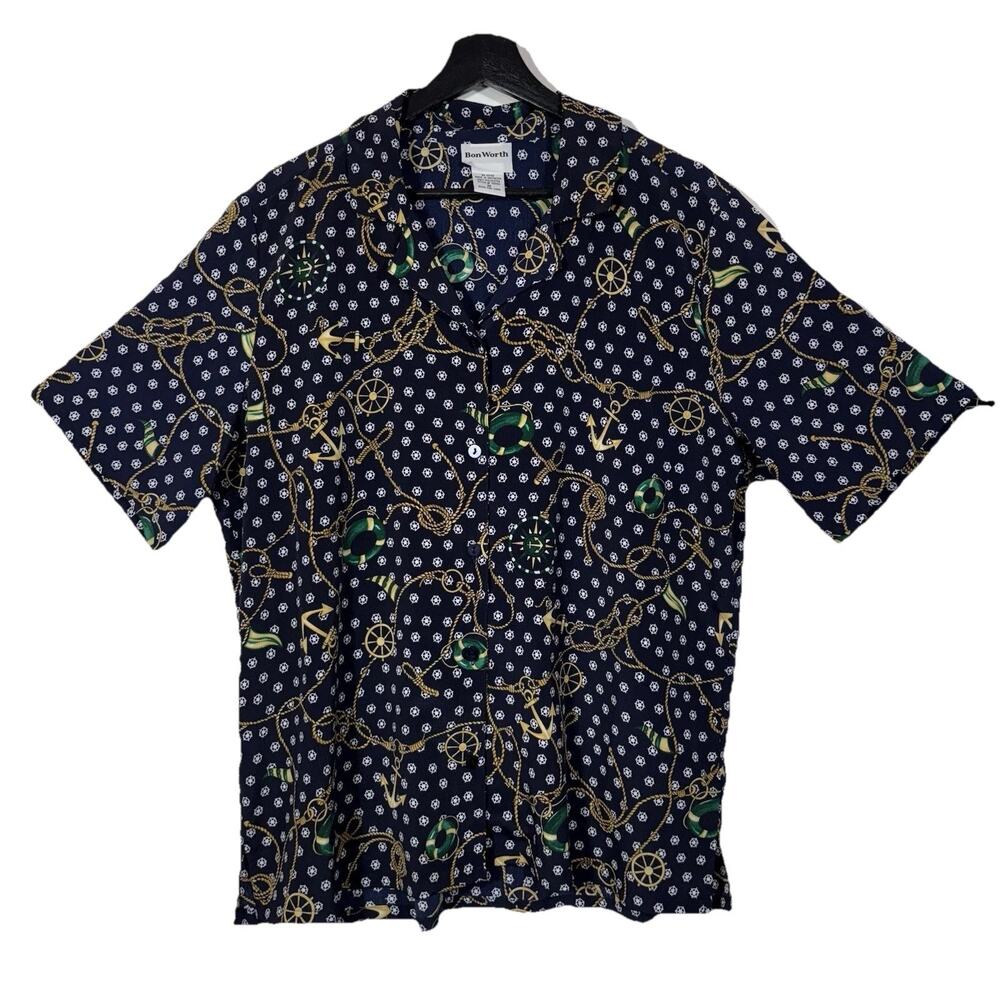 Nautical Button Up Shirt BonWorth Vintage Short Sleeve Sailing Ship Navy Blue